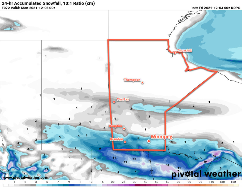 RDPS 24hr Snow Accumulation Forecast valid 00Z Monday December 6, 2021