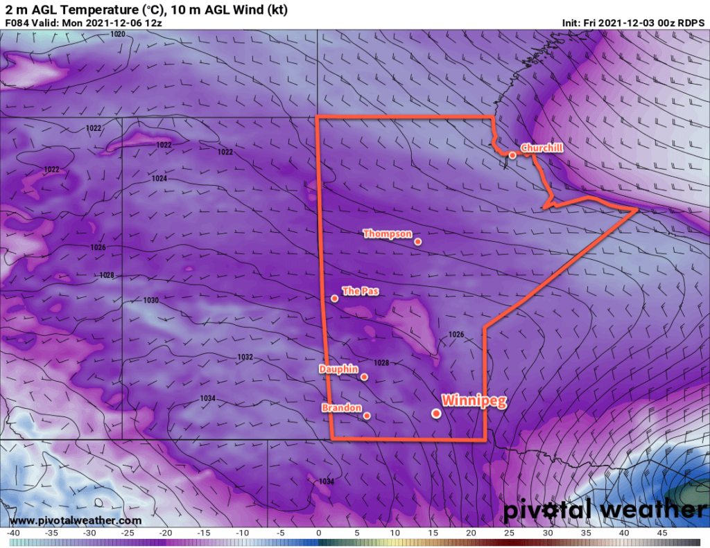 RDPS 2m Temperature Forecast valid 12Z Monday December 6, 2021