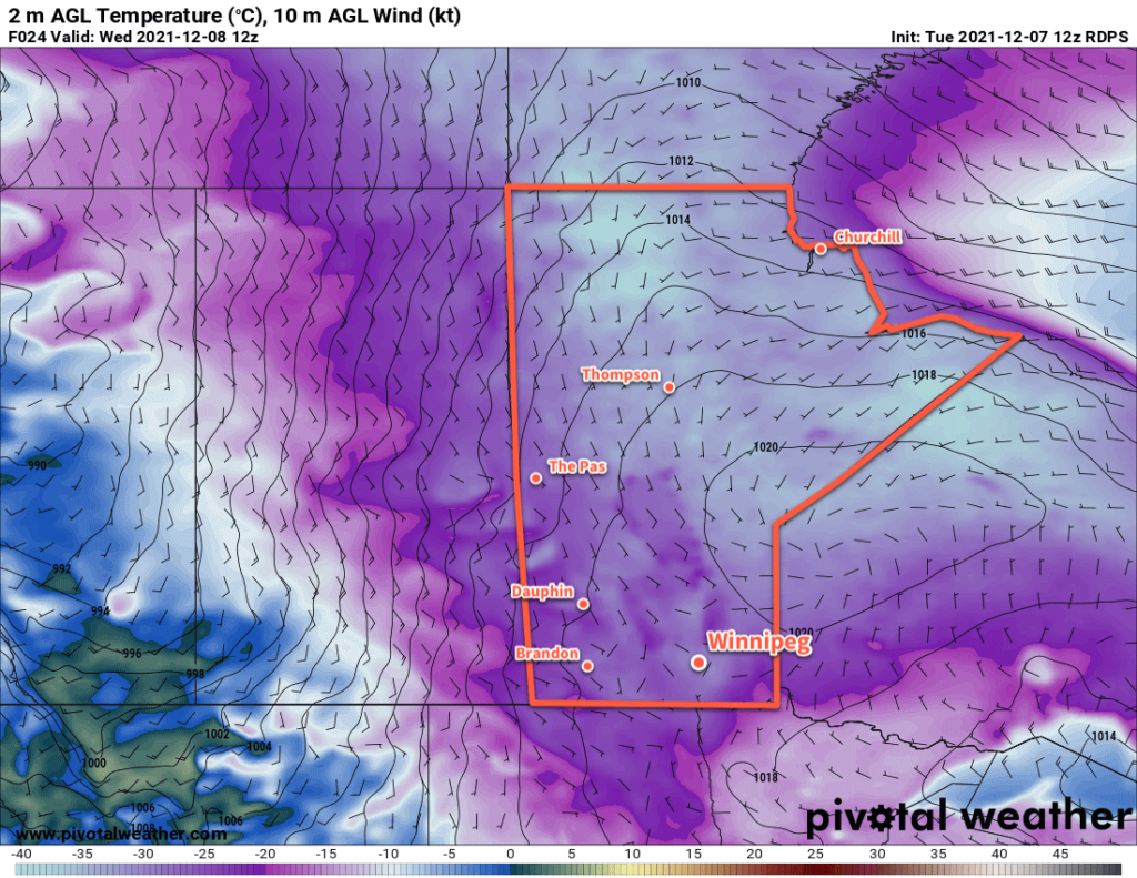 RDPS 2m Temperature Forecast valid 12Z Wednesday December 8, 2021