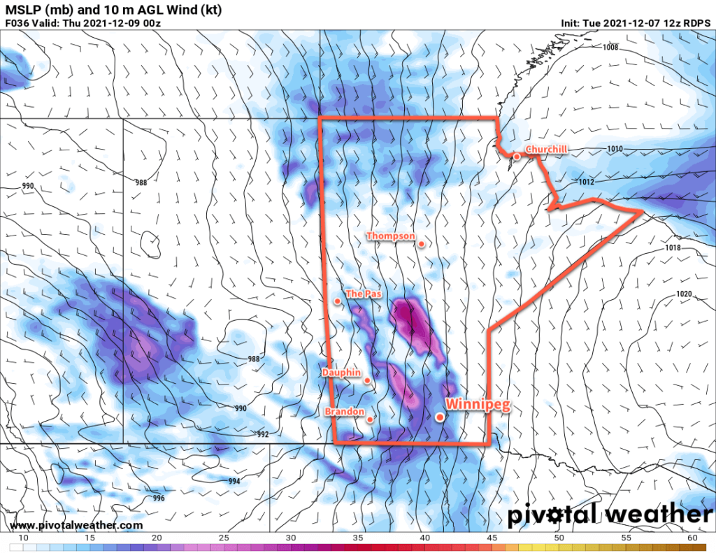 RDPS 10m Wind Forecast valid 00Z Thursday December 9, 2021