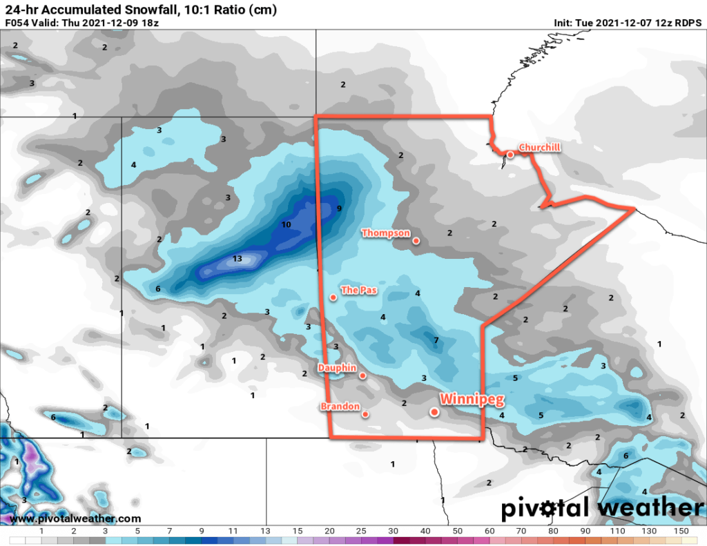 RDPS 24hr. Accumulated Snowfall Forecast (10:1 SLR) valid 18Z Thursday December 9, 2021