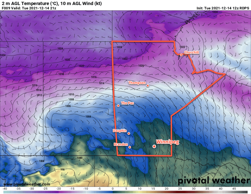 RDPS 2m Temperature Forecast valid 21Z Tuesday December 14, 2021