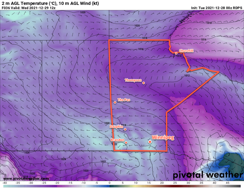 RDPS 2m Temperature Forecast valid 12Z Wednesday December 29, 2021