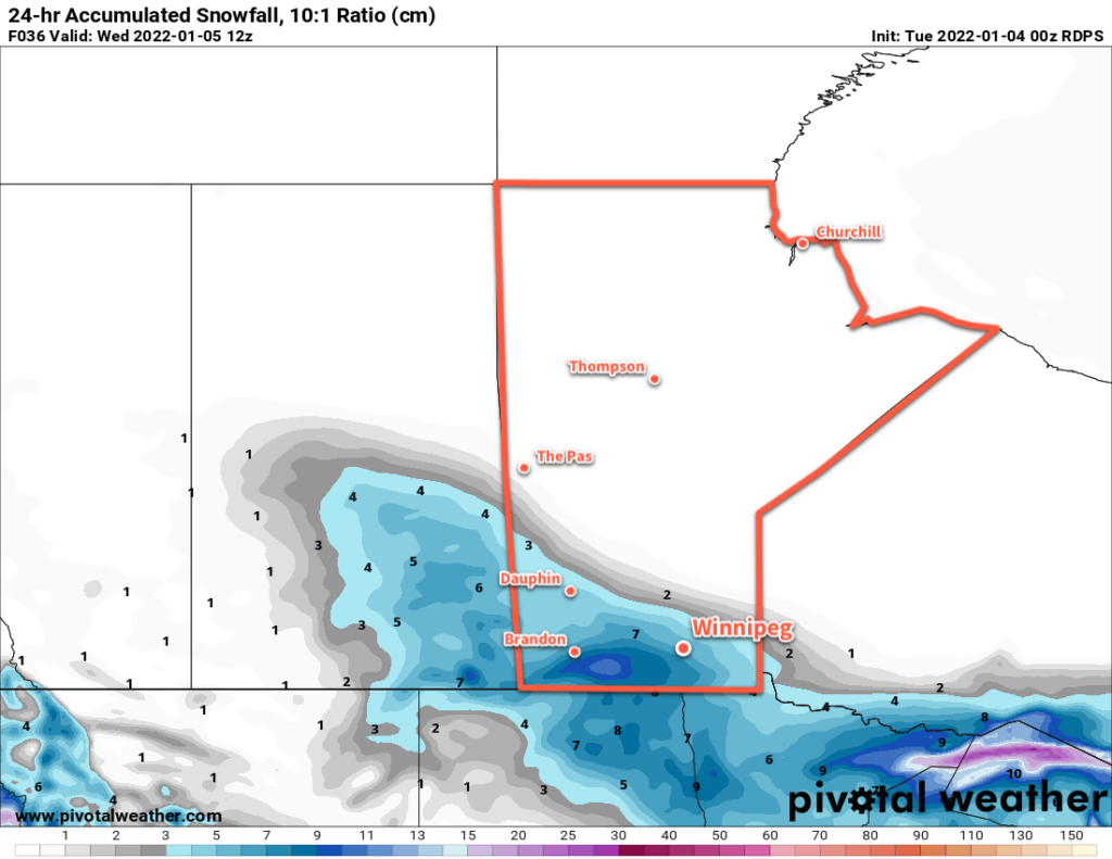 RDPS 24hr. Accumulated Snowfall Forecast (at 10:1 SLR) valid 12Z Wednesday January 5, 2022