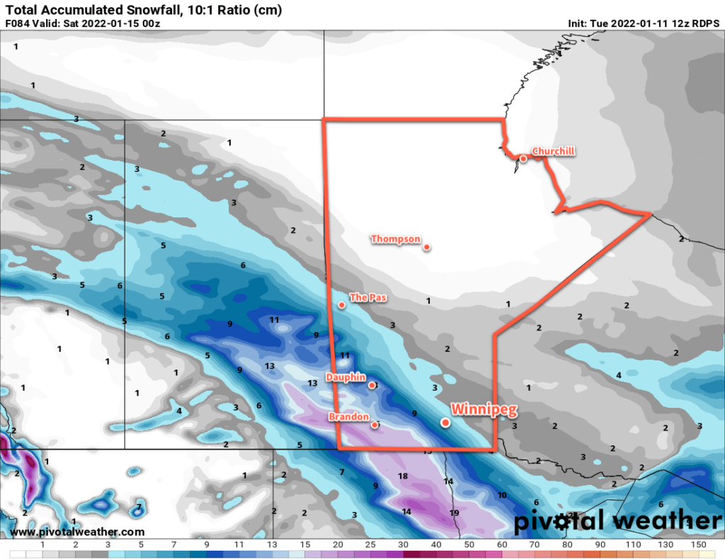 RDPS 84hr. Accumulated Snowfall Forecast (10:1 SLR) valid 00Z Saturday January 15, 2022