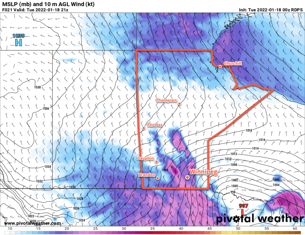 RDPS 10m Wind Forecast valid 21Z Tuesday January 18, 2022