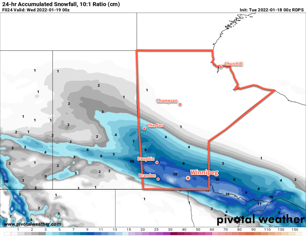 RDPS 24hr. Snow Accumulation Forecast (10:1 SLR) valid 00Z Wednesday January 19, 2022