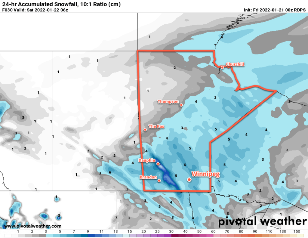 RDPS 24hr. Snowfall Accumulation (10:1 SLR) Forecast valid 06Z Saturday January 22, 2022