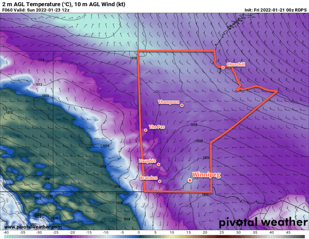 RDPS 2m Temperature Forecast valid 12Z Sunday January 23, 2022