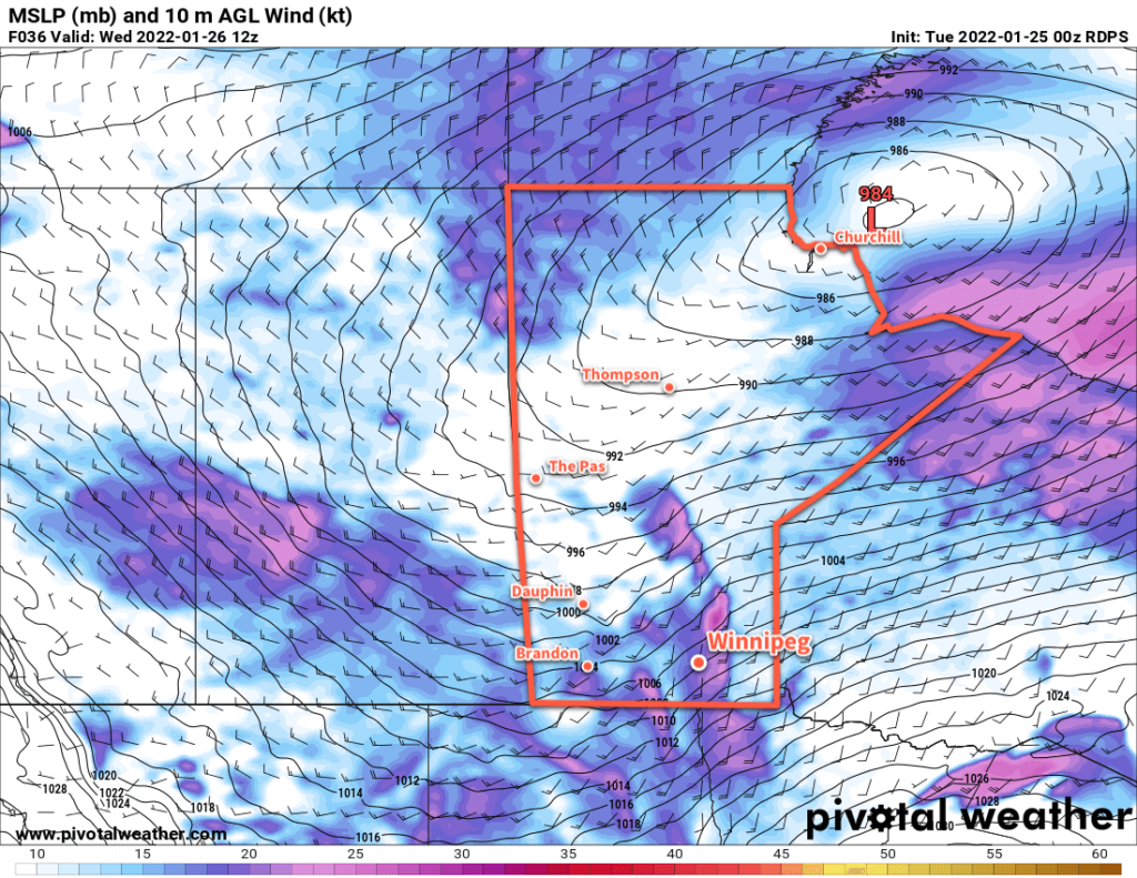 RDPS 10m Wind Forecast valid 12Z Wednesday January 26, 2022