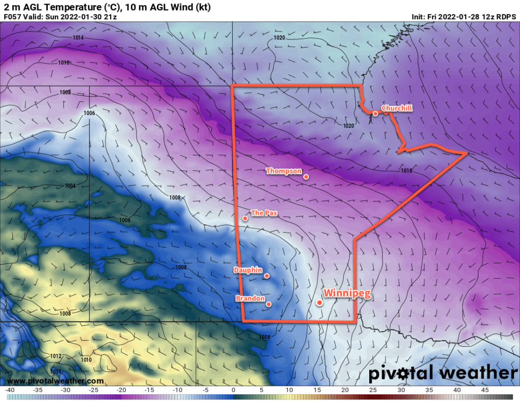 RDPS 2m Temperature Forecast valid 21Z Sunday January 30, 2022