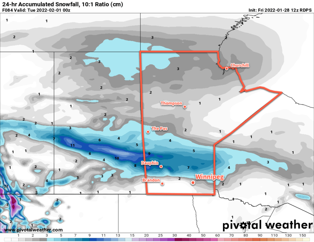 RDPS 24hr. Accumulated Snowfall Forecast (10:1 SLR) valid 00Z February 1, 2022