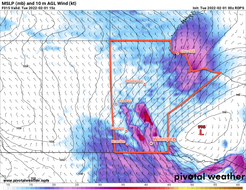 RDPS 10m Wind Forecast valid 15Z Tuesday February 1, 2022