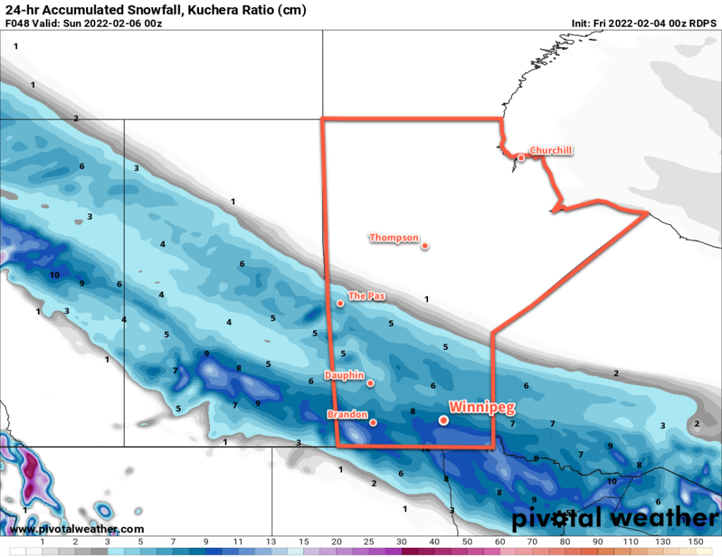 RDPS 24hr. Snowfall Accumulation (Kuchera SLR) valid 00Z Sunday February 6, 2022
