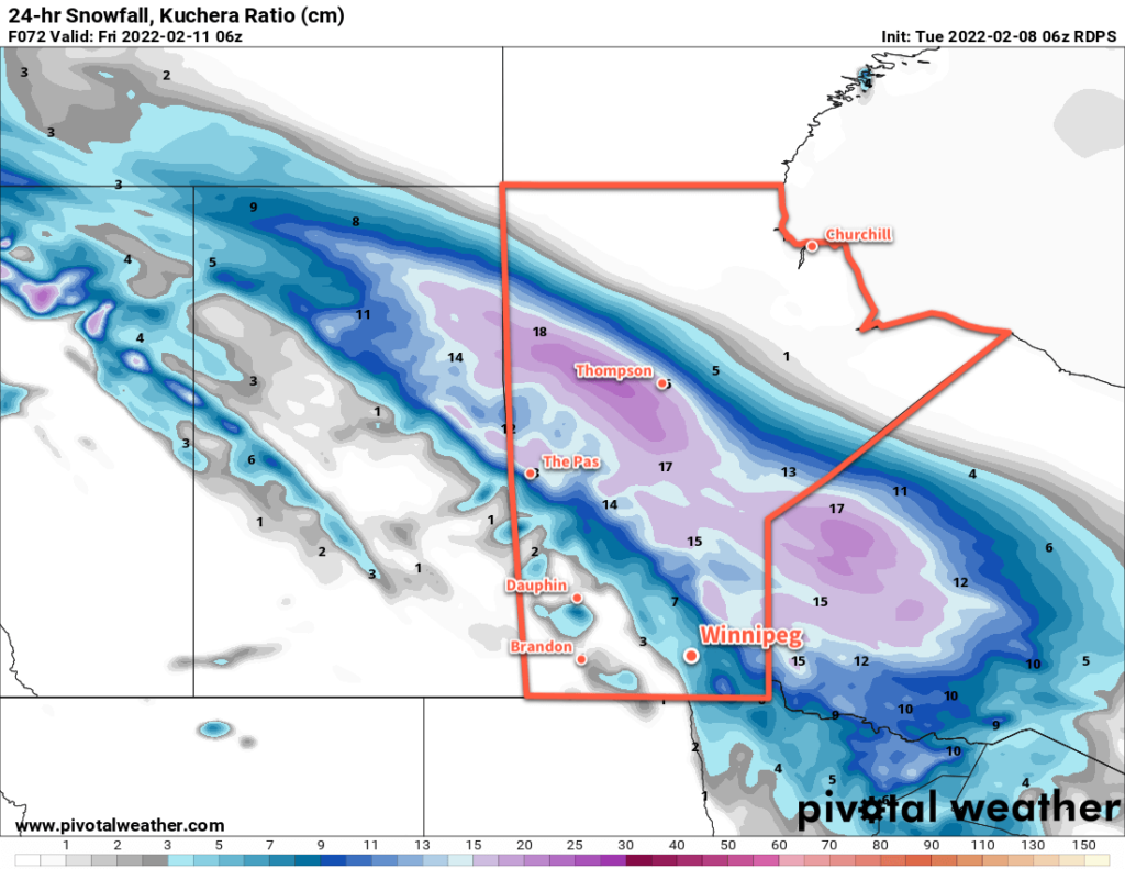 RDPS 24hr. Snow Accumulation Forecast (Kuchera SLR) valid 06Z Friday February 11, 2022