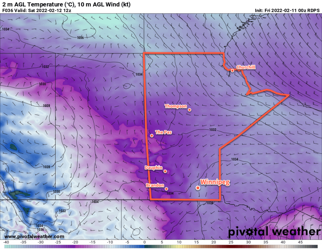 RDPS 2m Temperature Forecast valid 12Z Saturday February 12, 2022