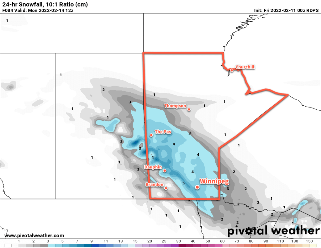 RDPS 24hr. Snow Accumulation valid 12Z Monday February 14, 2022