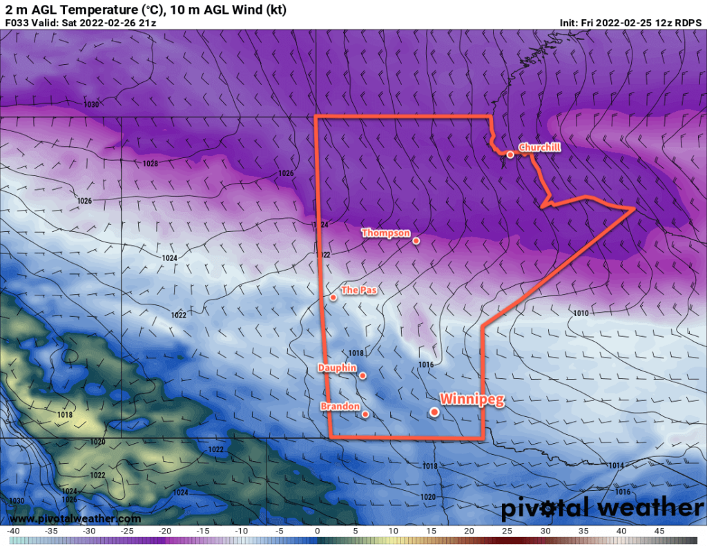 RDPS 2m Temperature Forecast valid 21Z Saturday February 26, 2022