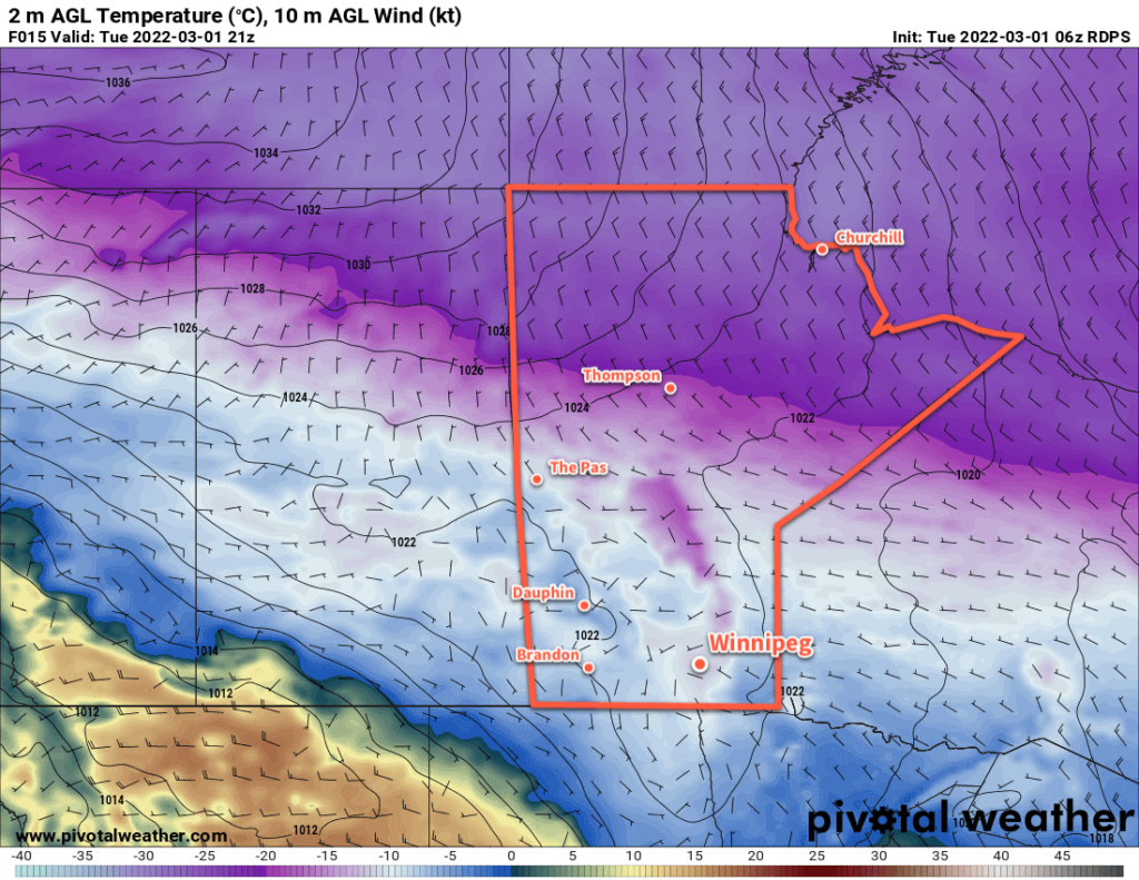 RDPS 2m Temperature Forecast valid 21Z Tuesday March 1, 2022