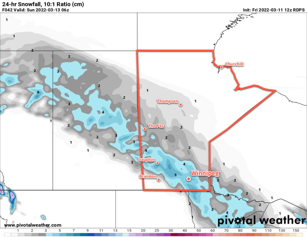 RDPS 24hr. Snow Accumulation Forecast valid 06Z Sunday March 13, 2022