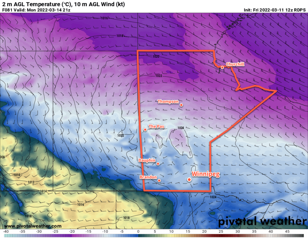 RDPS 2m Temperature Forecast valid 21Z Monday March 14, 2022