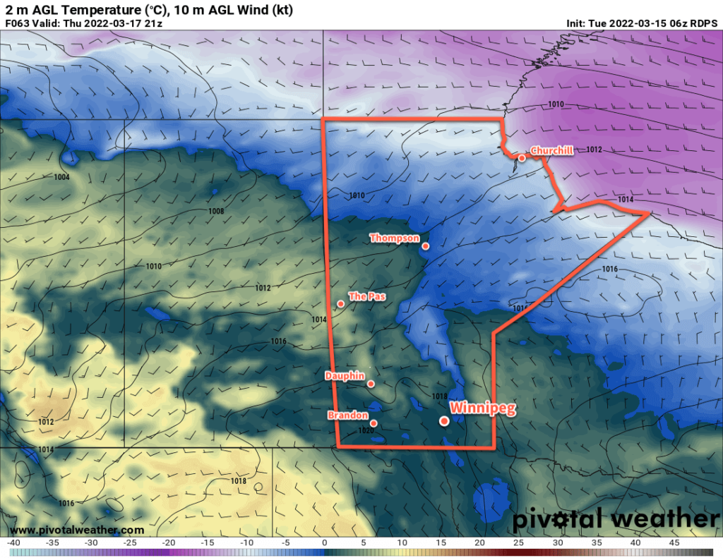 RDPS 2m Temperature Forecast valid 21Z Thursday March 17, 2022