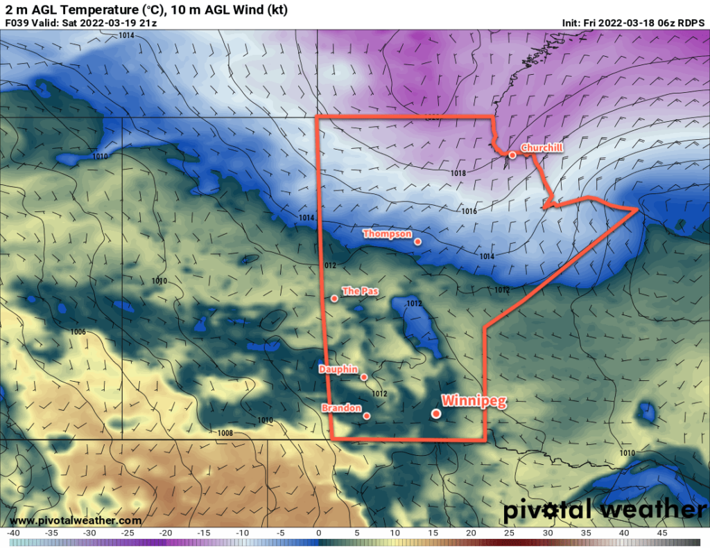 RDPS 2m Temperature Forecast valid 21Z Saturday March 19, 2022