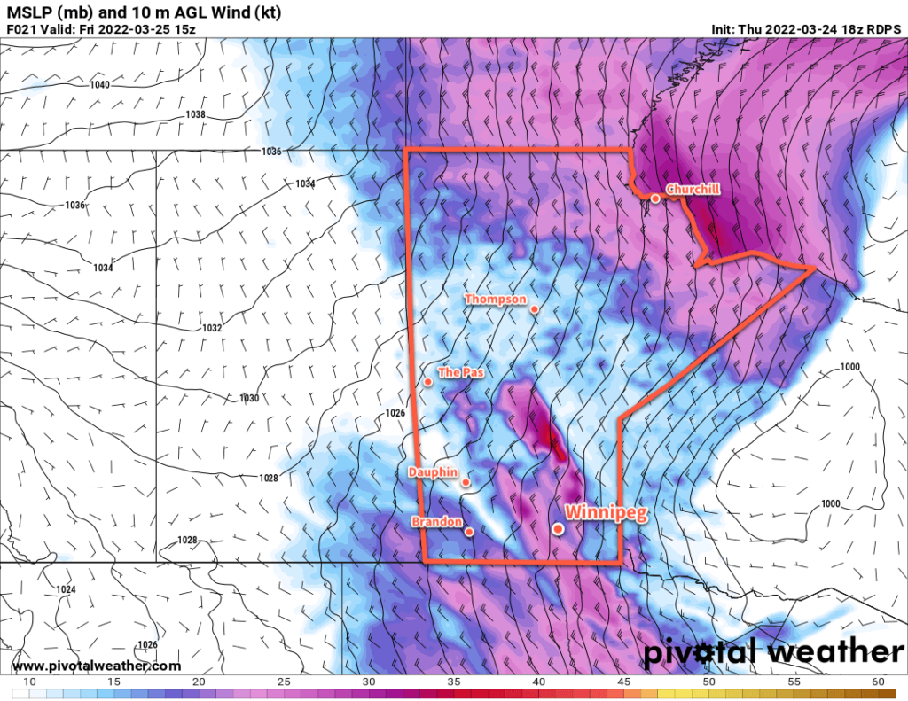 RDPS 10m Wind Forecast valid 15Z Friday March 25, 2022