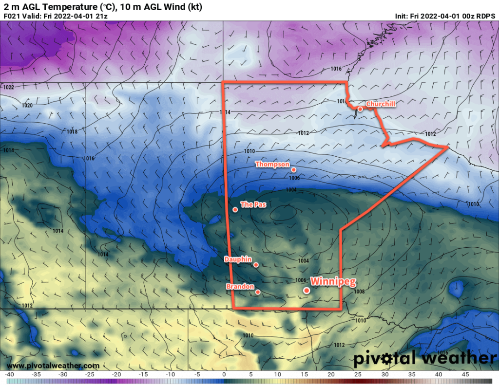 RDPS 2m Temperature Forecast valid 21Z Friday April 1, 2022