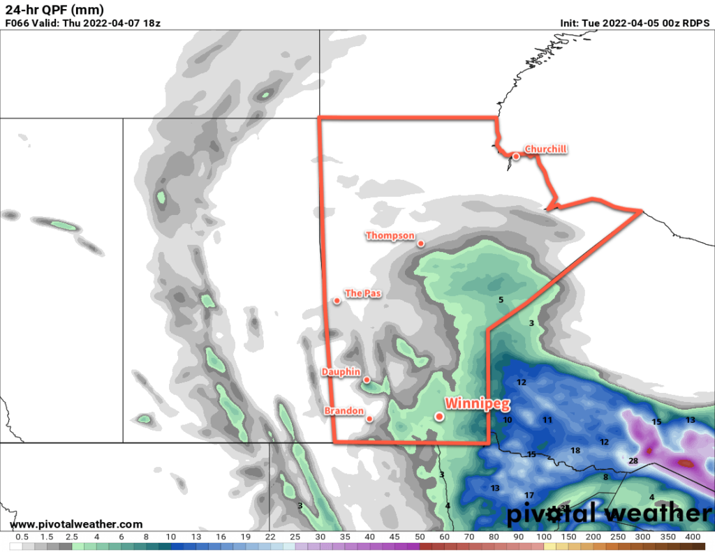 RDPS 24hr. Precipitation Accumulation Forecast valid 18Z Thursday April 7, 2022