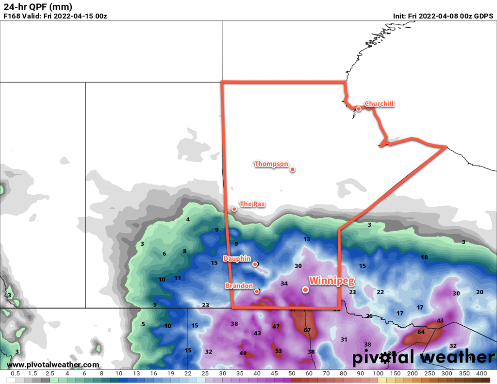 GDPS 24hr. Precipitation Accumulation Forecast valid 00Z Friday April 14, 2022