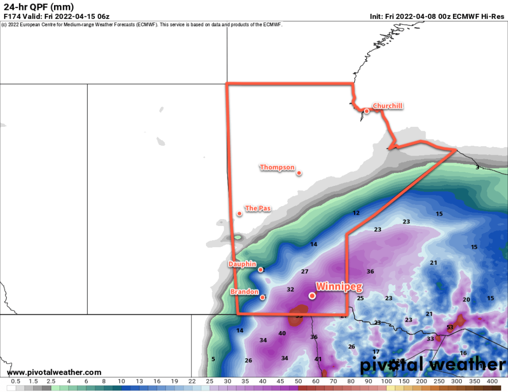 ECMWF 24hr. Precipitation Accumulation Forecast valid 06Z Friday April 15, 2022