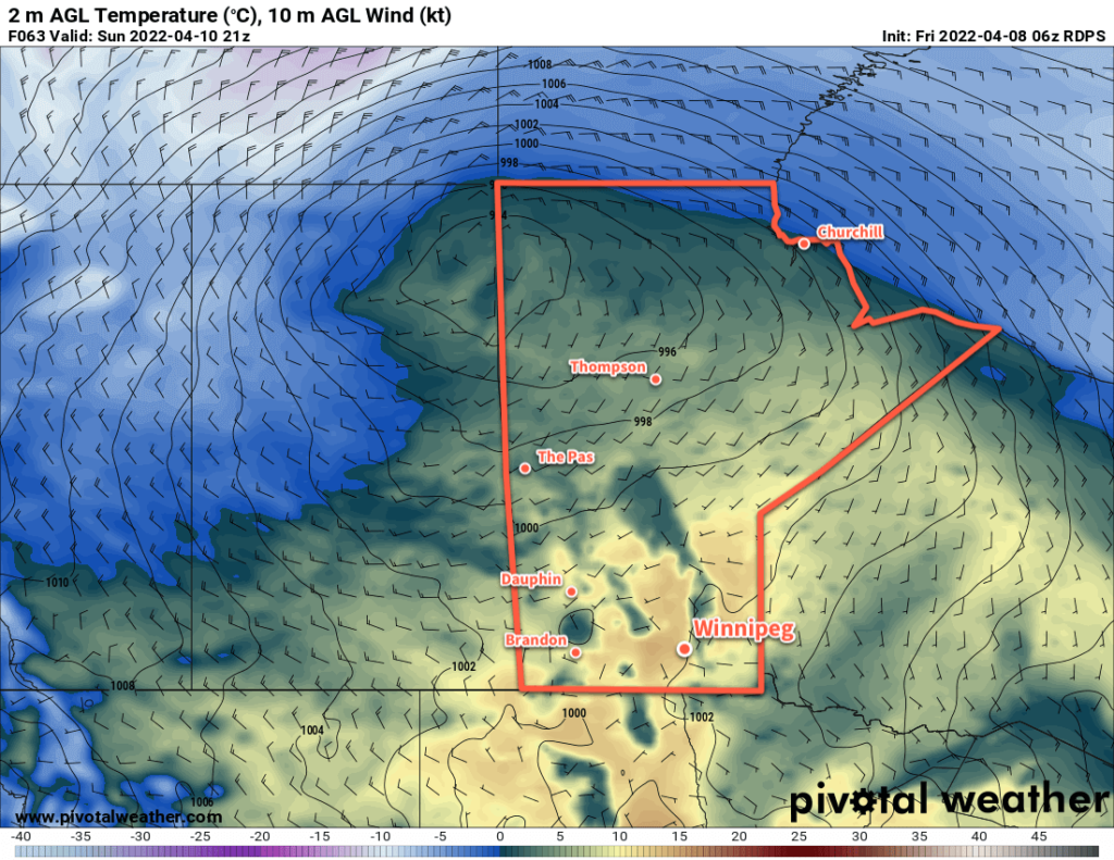 RDPS 2m Temperature Forecast valid 21Z Sunday April 10, 2022