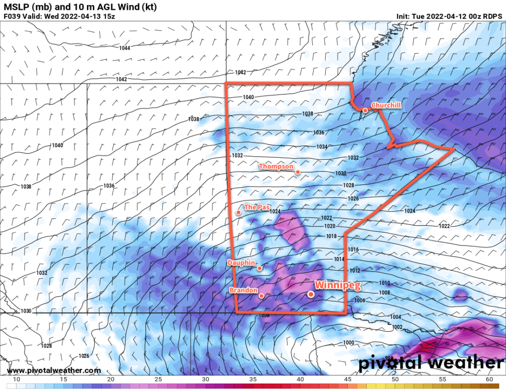 RDPS 10m Wind Forecast valid 15Z Wednesday April 13, 2022