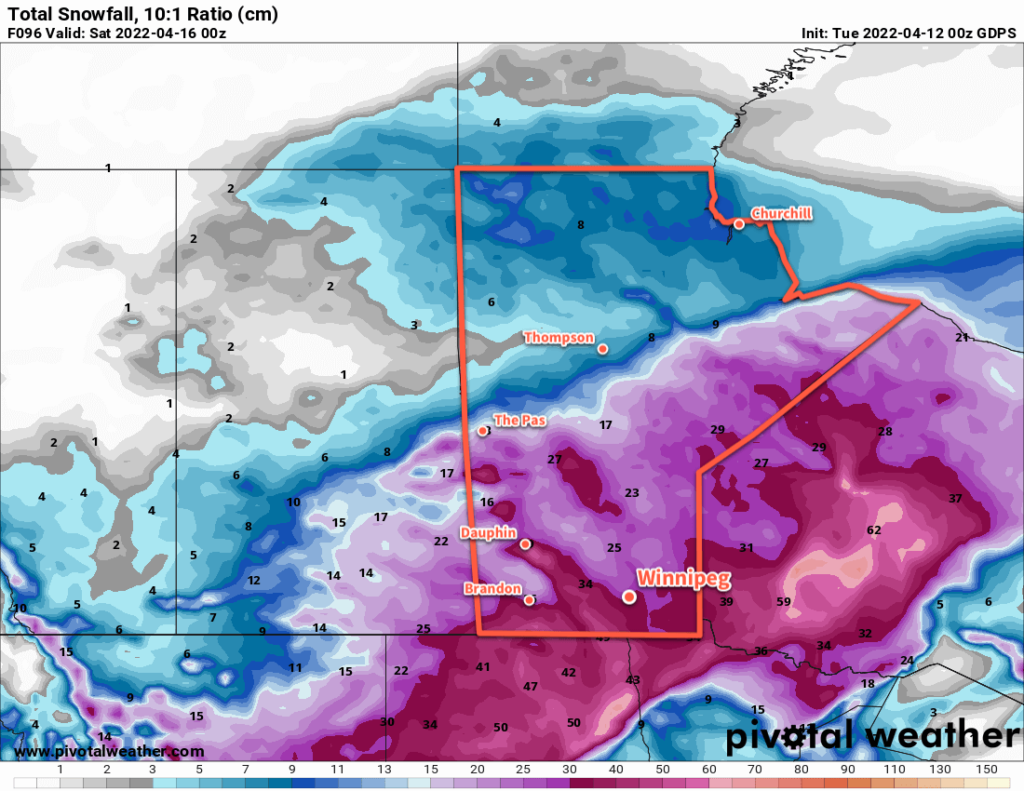 GDPS Total Snowfall Forecast valid 00Z Saturday April 16, 2022