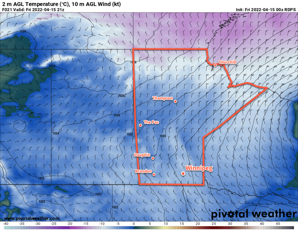 RDPS 2m Temperature Forecast valid 21Z Friday April 15, 2022