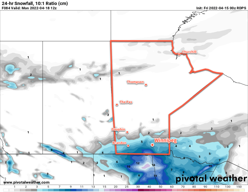 RDPS 24-hour Snowfall Accumulation Forecast valid 12Z Monday April 18, 2022