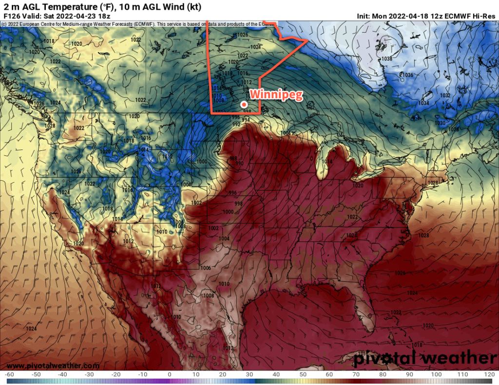 ECMWF 2m Temperature and MSLP Forecast valid 18Z Saturday April 23, 2022