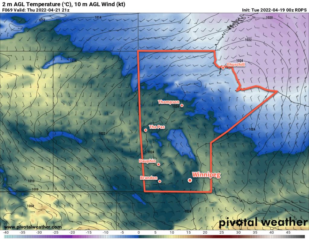 RDPS 2m Temperature Forecast valid 21Z Thursday April 21, 2022