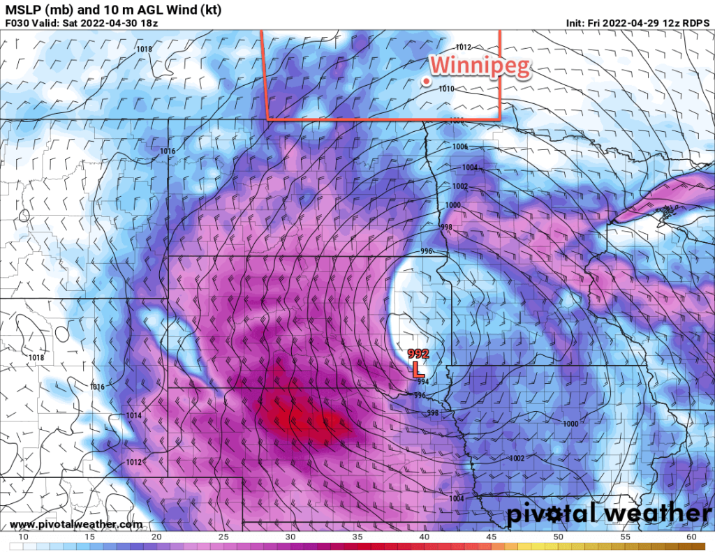 RDPS 10m Wind and MSLP Forecast valid 18Z Saturday April 30, 2022