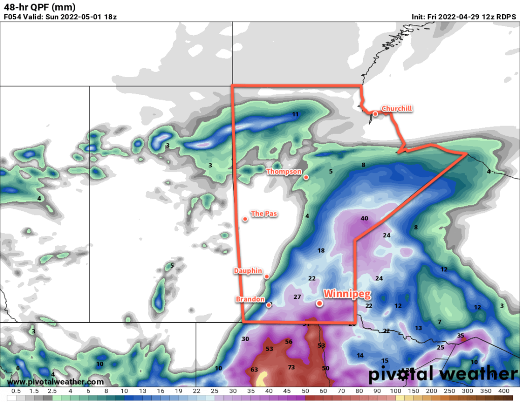 RDPS 48 hr. Precipitation Accumulation Forecast valid 18Z Sunday May 1, 2022