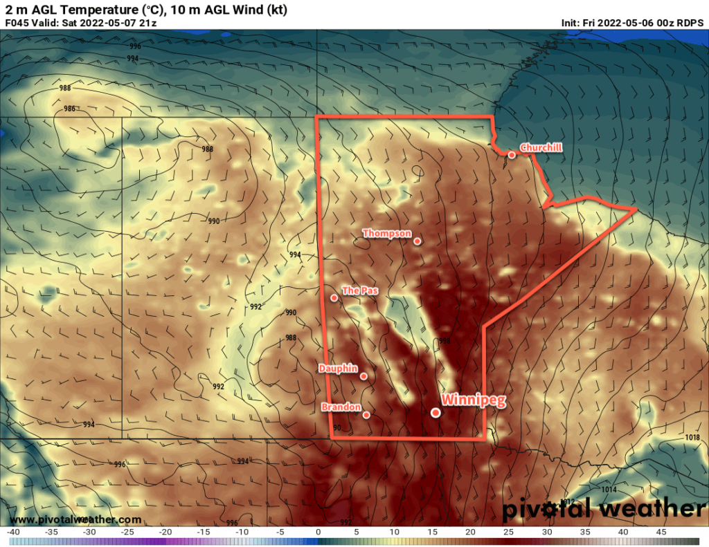 RDPS 2m Temperature Forecast valid 21Z Saturday May 7, 2022