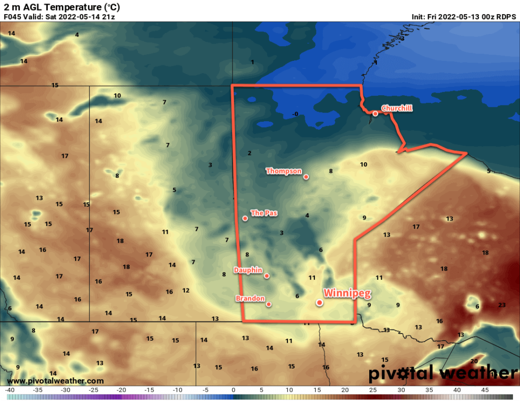 RDPS 2m Temperature Forecast valid 21Z Saturday May 14, 2022