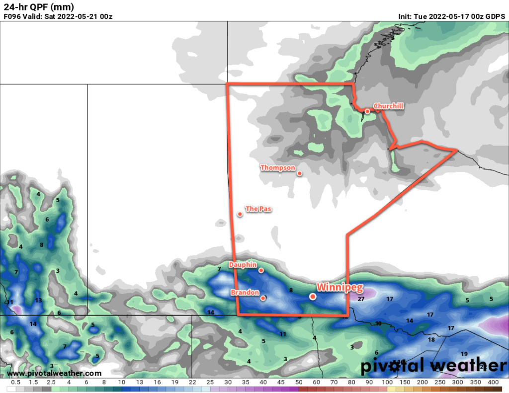 GDPS 24hr. Precipitation Accumulation Forecast valid 00Z Saturday May 21, 2022