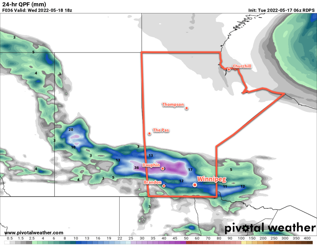 RDPS 24hr. Accumulated Precipitation Forecast valid 18Z Wednesday May 18, 2022