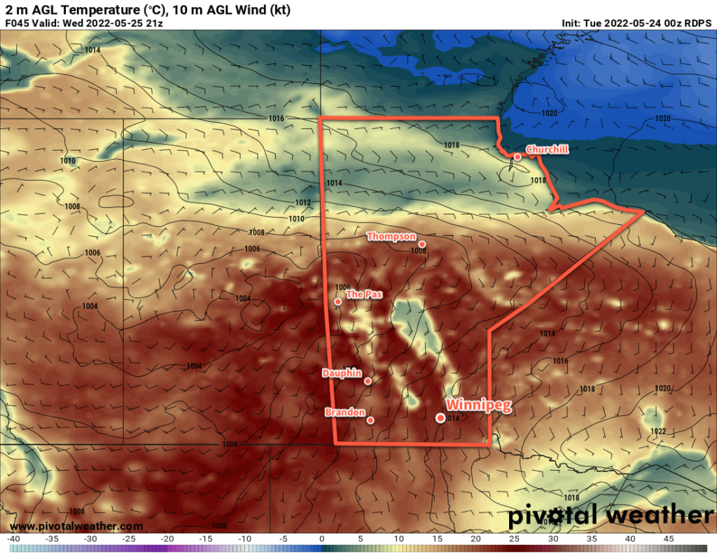 RDPS 2m Temperature Forecast valid 21Z Wednesday May 25, 2022