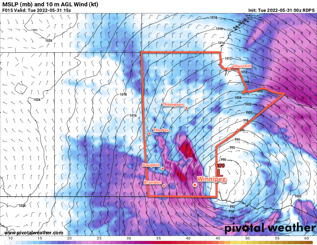 RDPS 10m Wind Forecast valid 15Z Tuesday May 31, 2022
