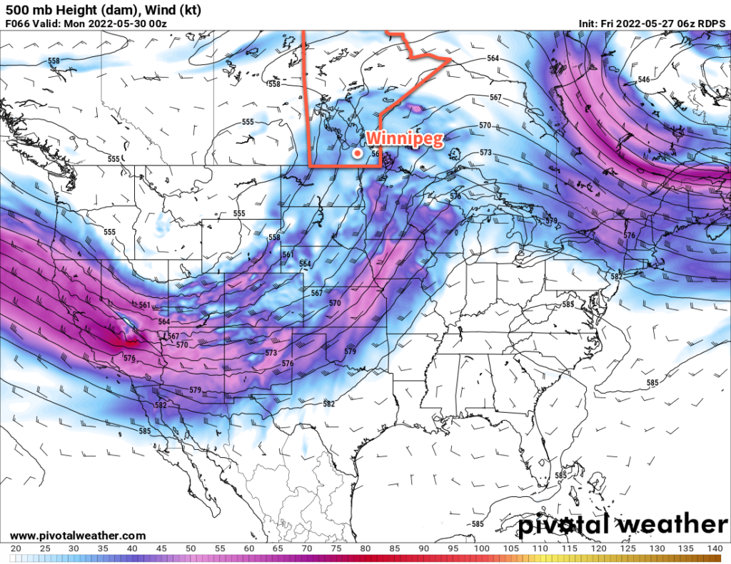 RDPS 500 mb Wind & Height Forecast valid 00Z Monday May 30, 2022