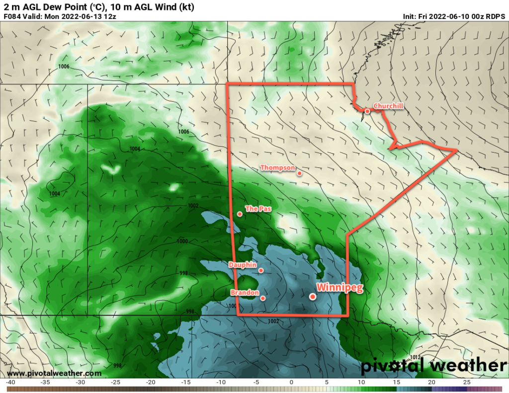 RDPS 2m Dew Point Temperature Forecast valid 12Z Monday June 13, 2022