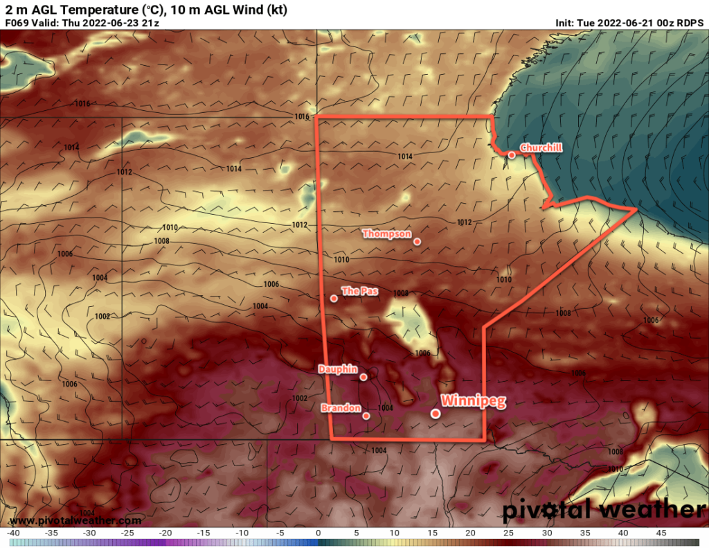 RDPS 2m Temperature Forecast valid 21Z Thursday June 23, 2022